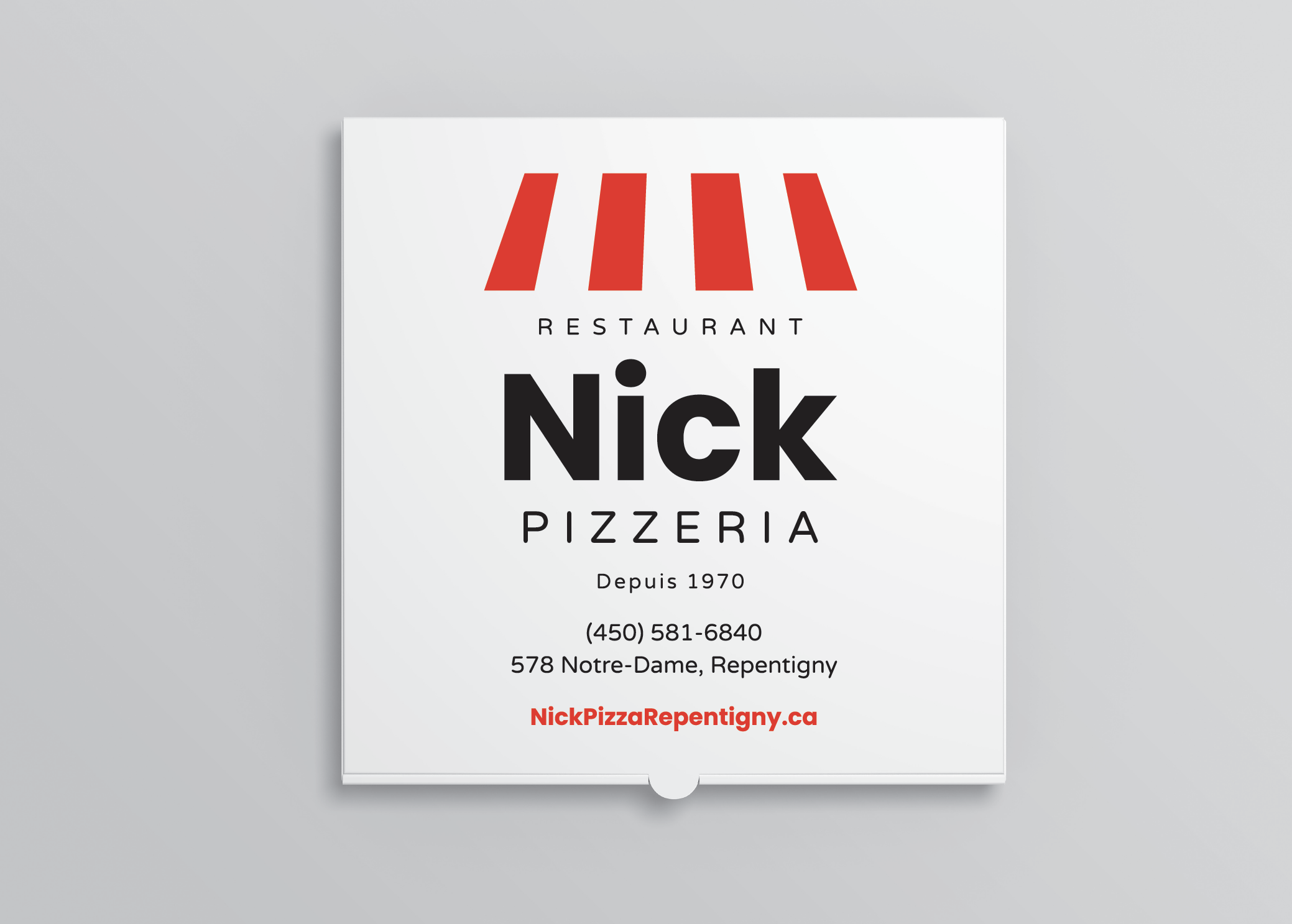 Nick Pizzeria Repentigny Logo sur boite de pizza