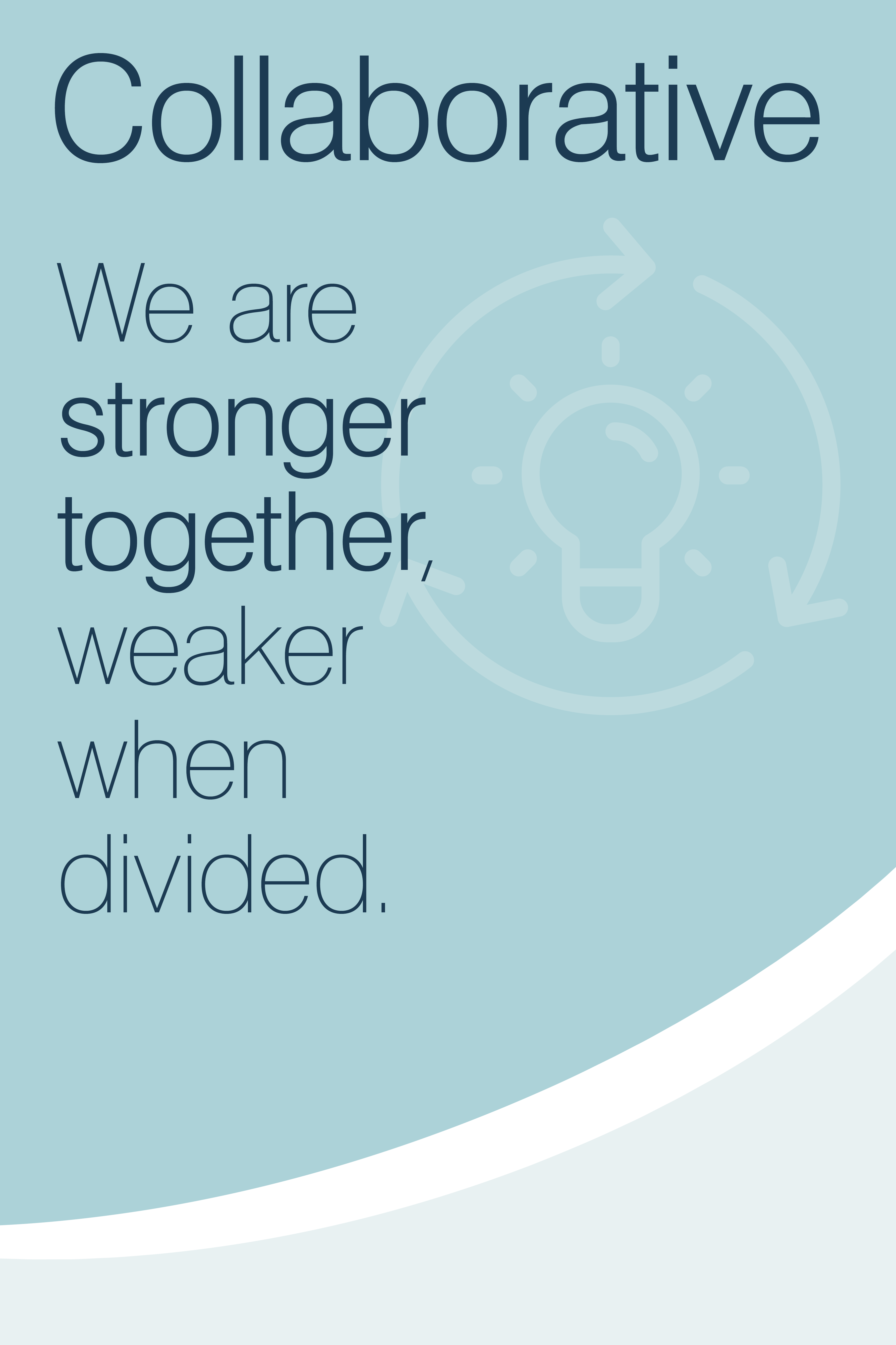 Poster text: Collaborative. We are stronger together, weaker when divided.
