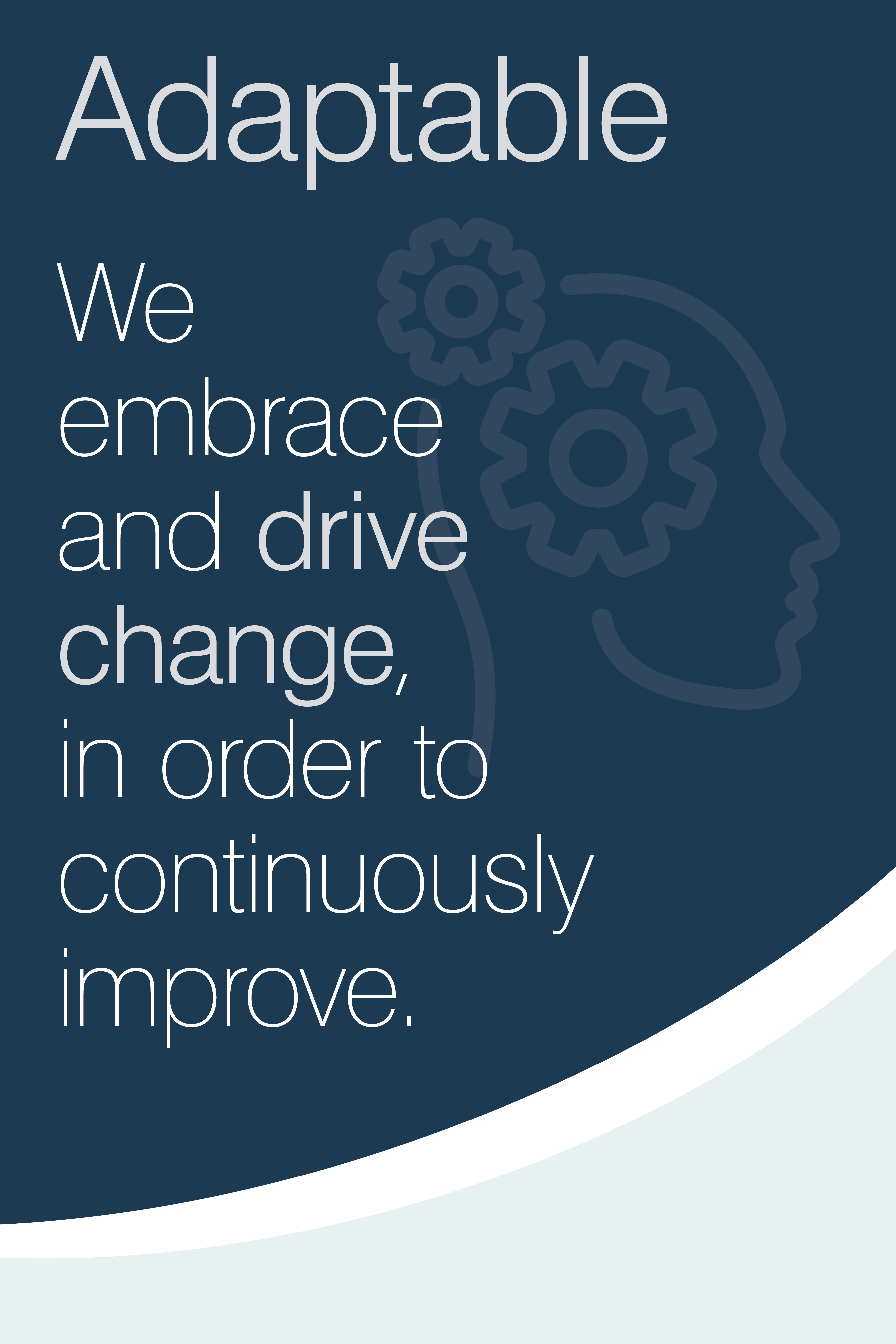 Poster text: Adaptable. We embrace and drive change, in order to continuously improve.